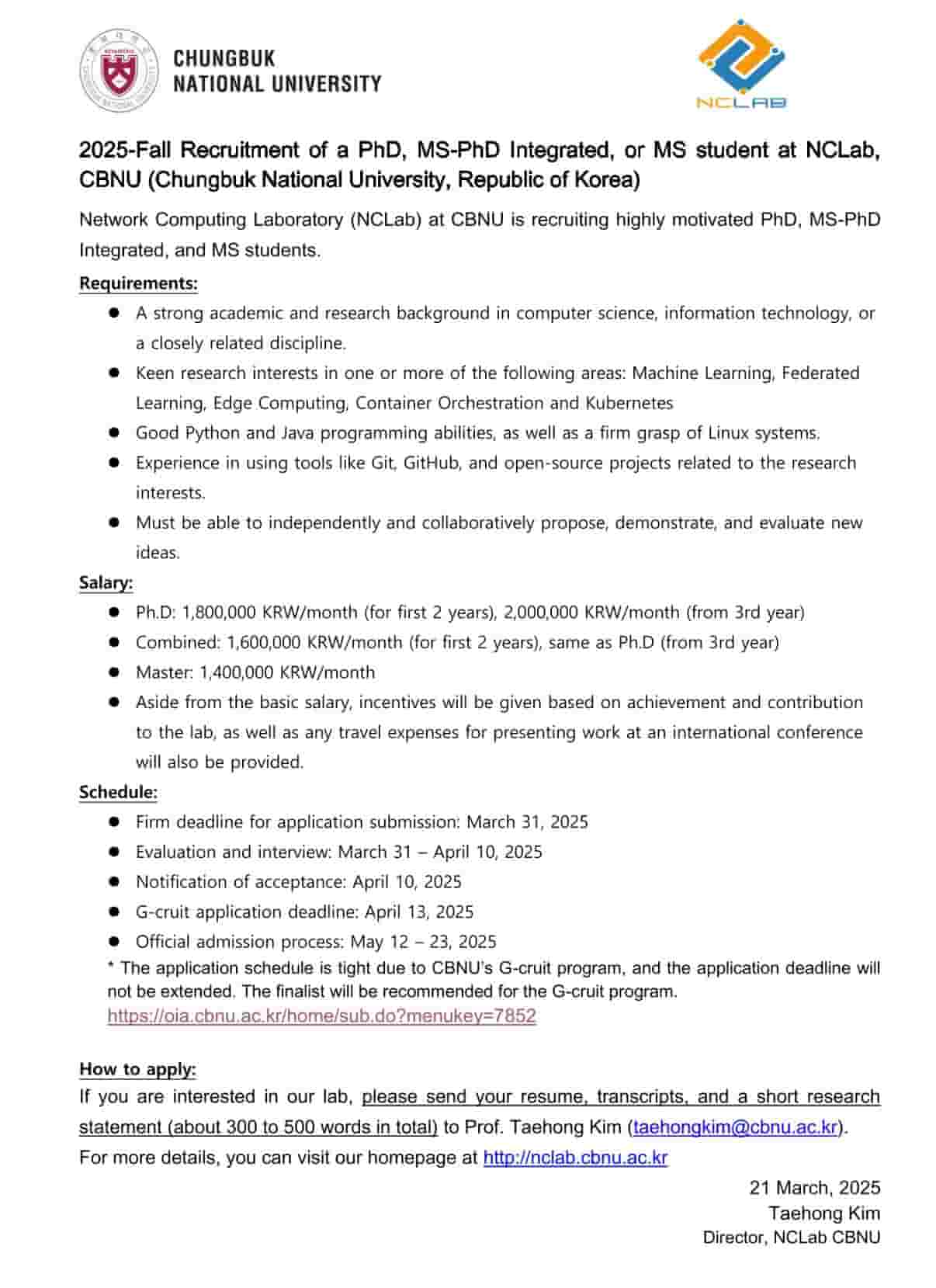 CBNU recruitment fall 2025 advertisement