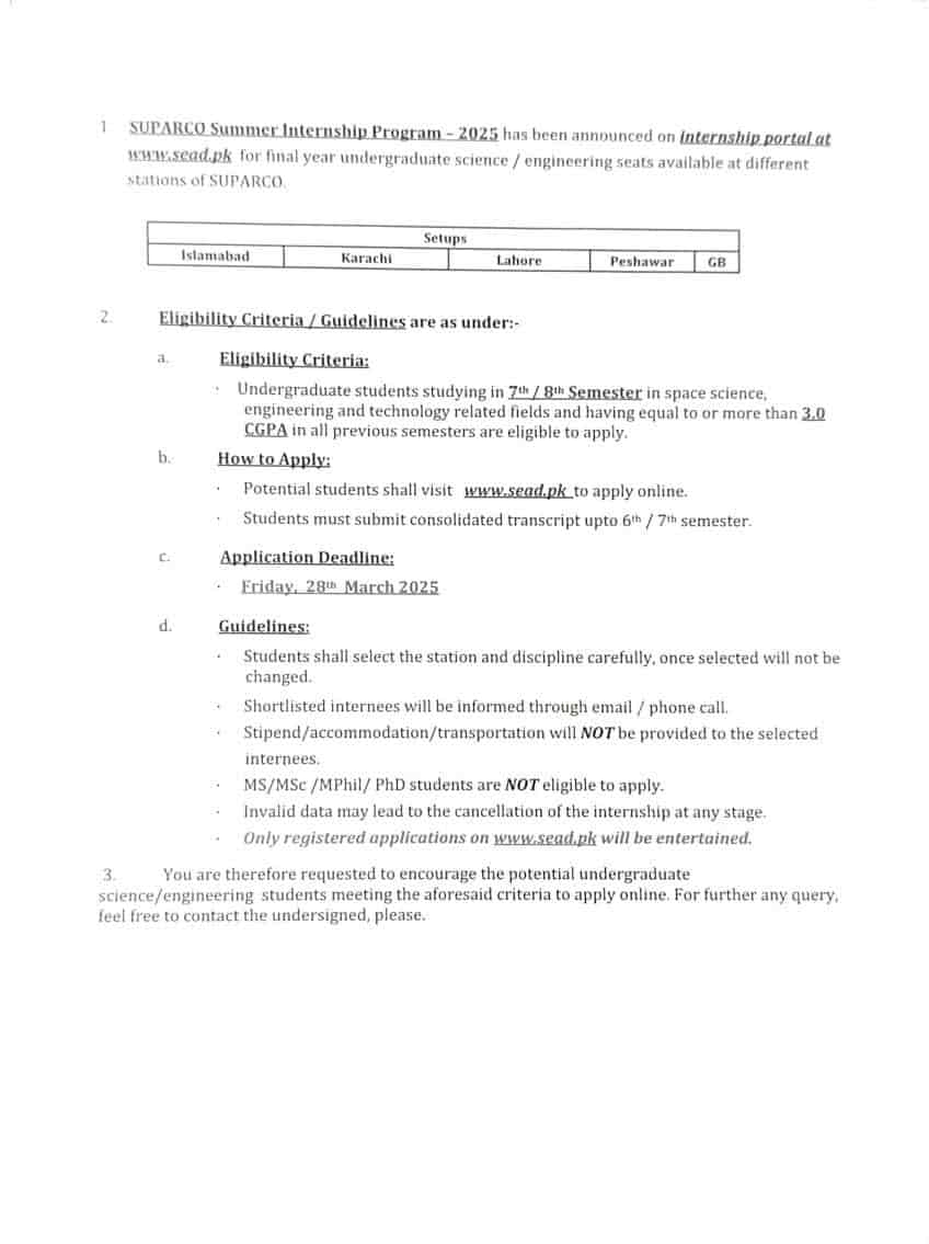 Suparco internship advertisement