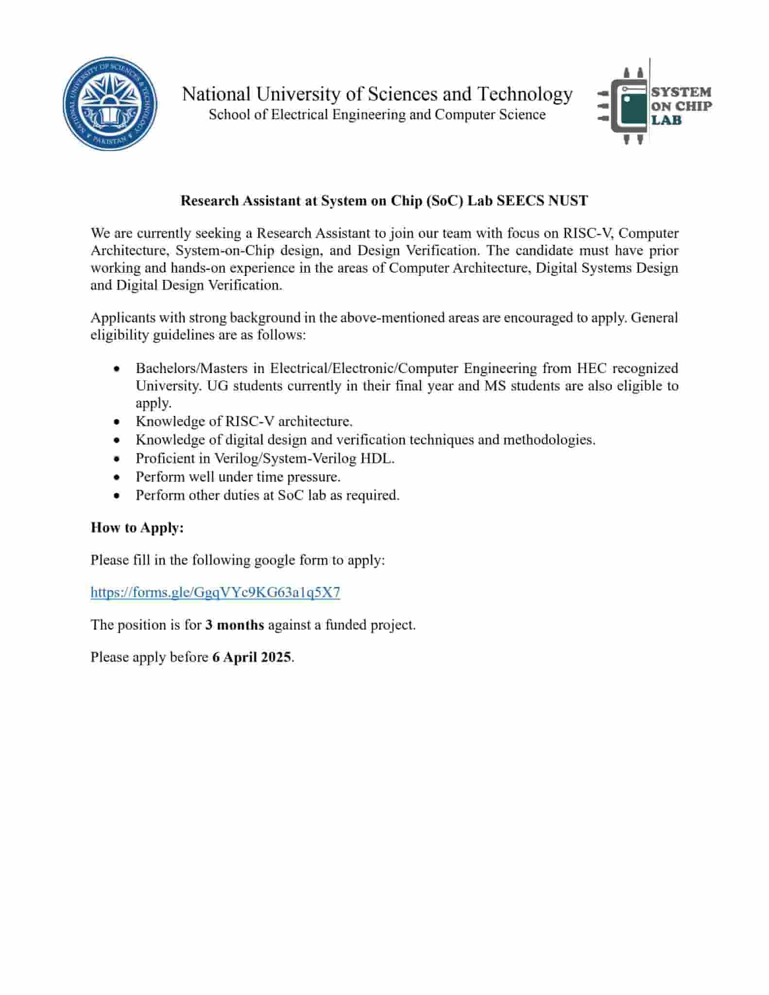 NUST Research Assistant Position Advertisement