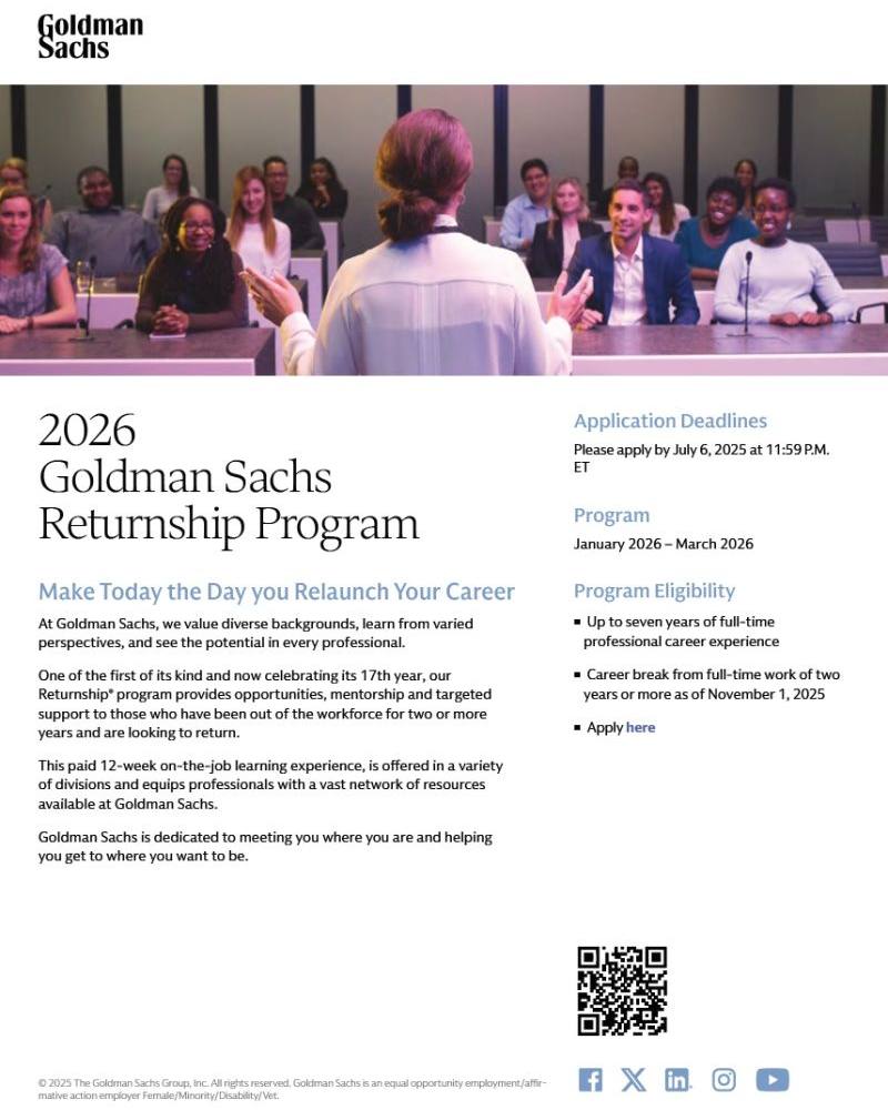 Goldman Sachs Returnship Advertisement