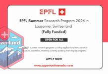 EPFL Summer Research Program 2026 in Lausanne, Switzerland (Fully Funded) EPFL Summer Research Program 2026