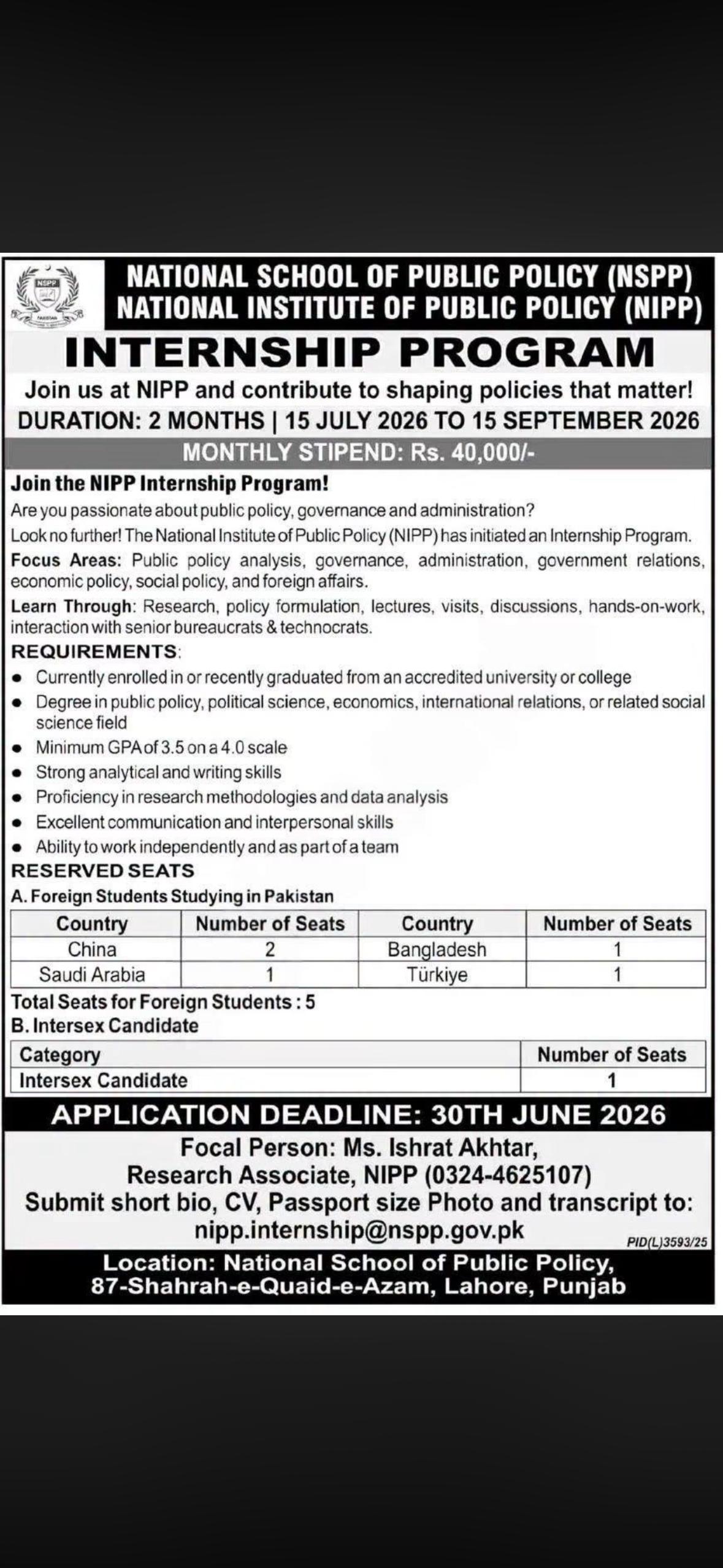 NIPP Internship Advertisement