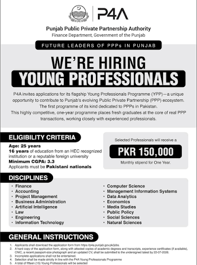 Punjab Young Professional Programme 2026 (YPP) | Stipend 150,000 PKR P4A Fellowship 2026