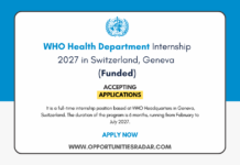 WHO Health Department Internship 2027 at HQ in Geneva (Funded) WHO Health Department Internship 2027